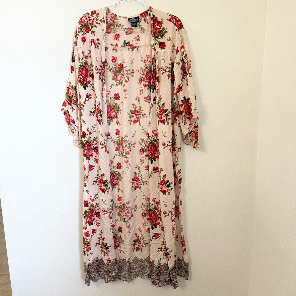 ANGIE Long Floral Cardigan Robe Kimono Duster cream red Size L Bohemian